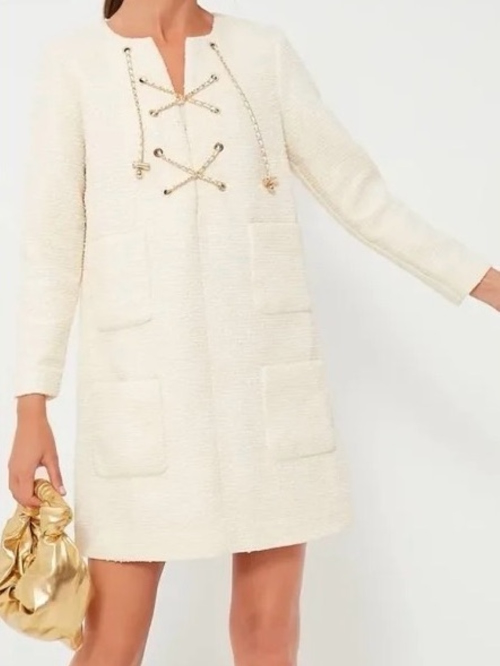 Tuckernuck Cream Tweed Coat with Gold Chain Detailing